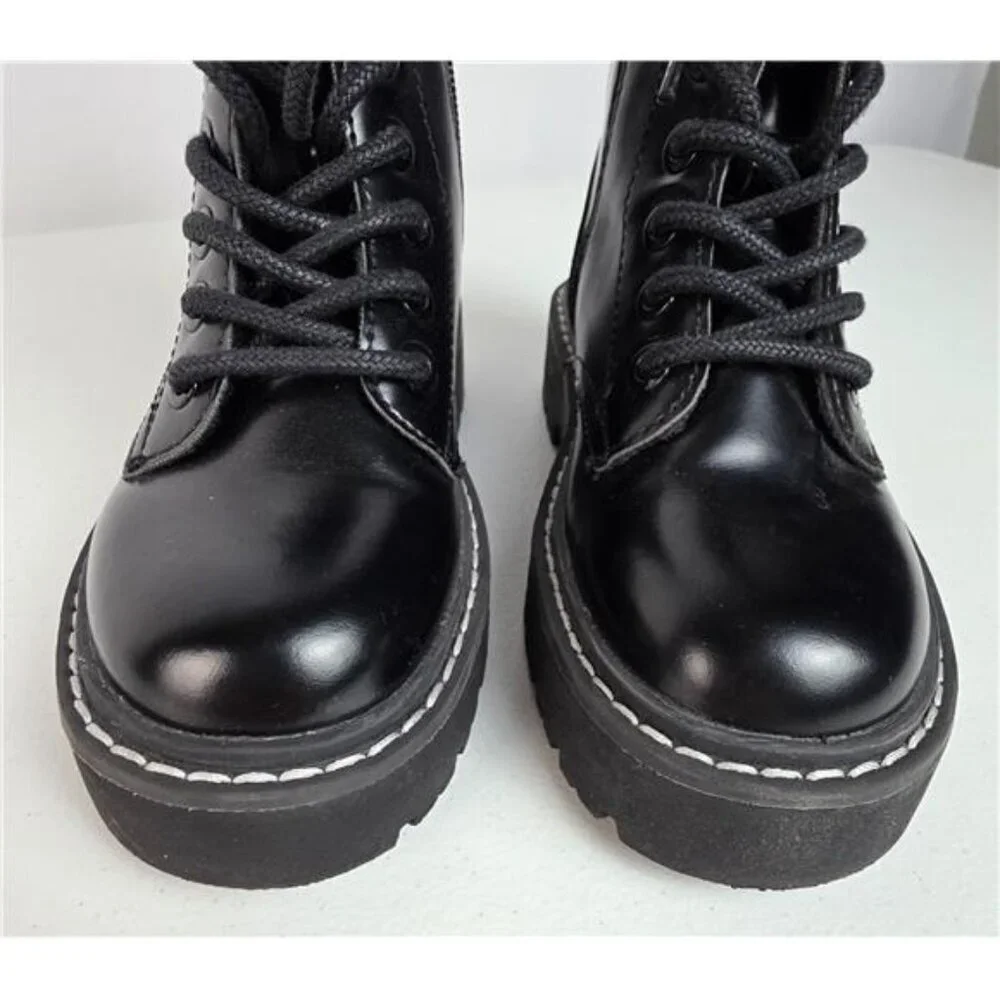 H&M Girls Black Patent Faux Leather Combat Boots Furry Lined Lace Up Zip US 12